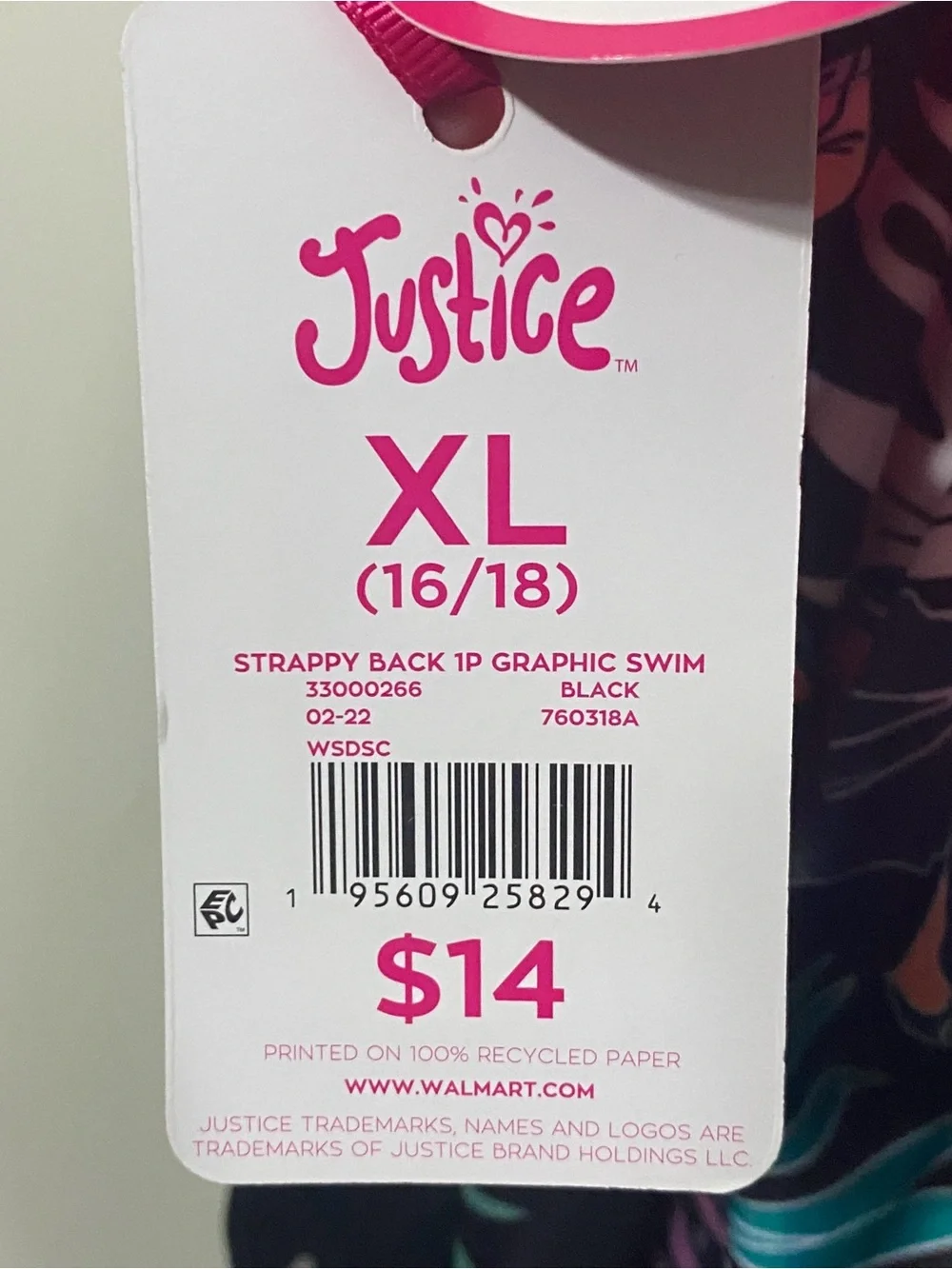 Justice Black One-Piece Swimsuit with Pink, Teal & Yellow Tropical Print NWT